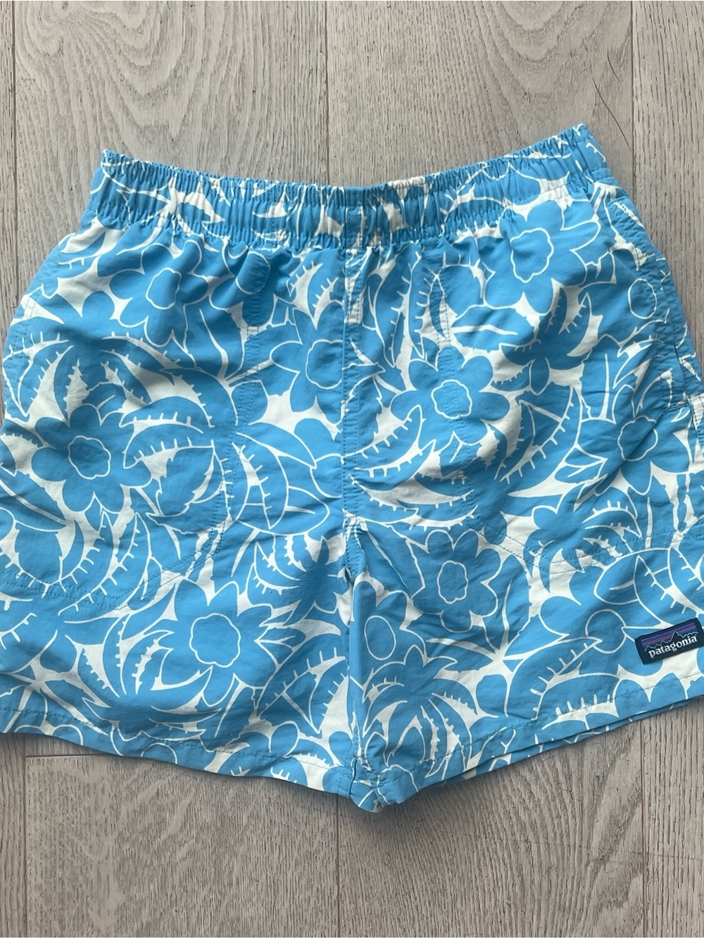 Patagonia Light Blue White Tropical Floral Swim Shorts Baggies Kids Size 12